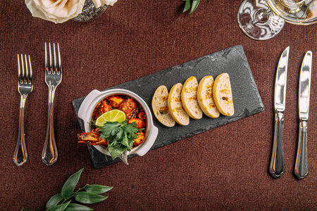 Portion of delicacy royal shrimp with toasted breadの写真素材