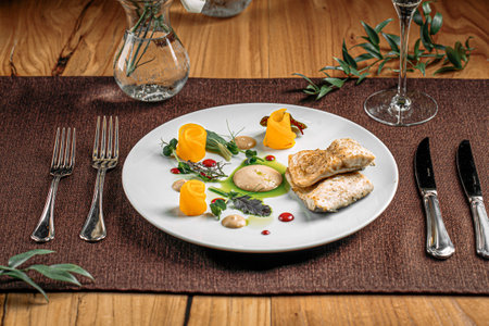 Portion of gourmet fish dish with fruit slicesの写真素材