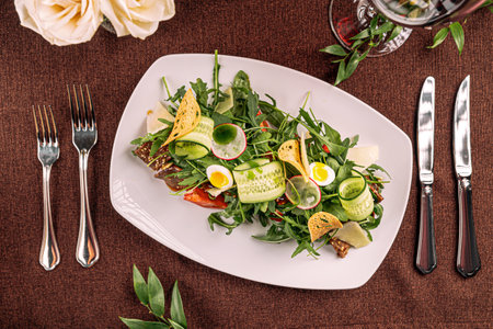 Gourmet warm salad with meat and vegetablesの写真素材