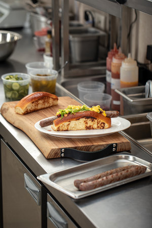 Preparing hot dogs in diner kitchen counterの写真素材