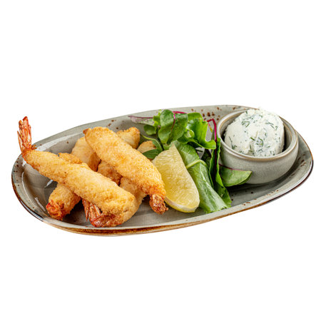 Isolated portion of deep fried tempura shrimpの写真素材
