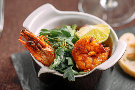 Portion of delicacy royal shrimp with toasted breadの写真素材