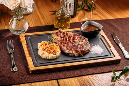 Grilled steak with mashed potato and fried onionの写真素材