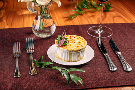 Baked julienne dish served on restaurant tableの写真素材