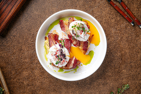 Breakfast with bacon and poached egg on toastの写真素材