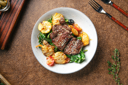 Roast beef dish with vegetables garnishの写真素材