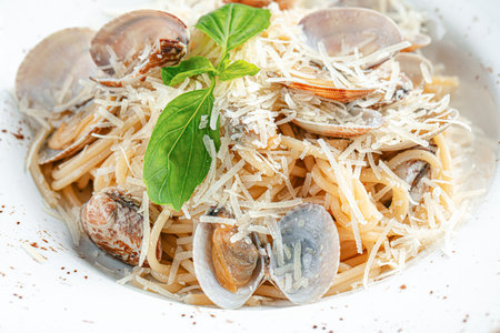 Portion of italian vongole pastaの写真素材
