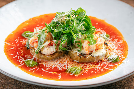 Portion of aubergine appetizer with shrimpの写真素材