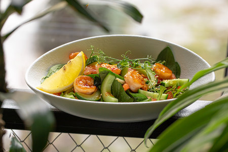 Portion of salad with fresh vegetables and shrimpの写真素材