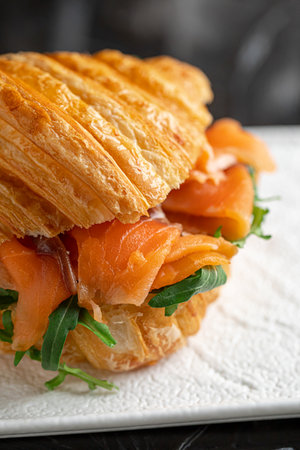 Croissant sandwich with salmon and arugulaの写真素材