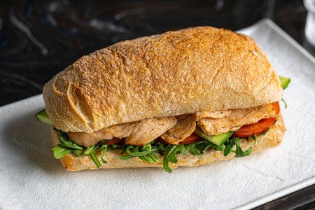 Ciabatta sandwich with chicken and saladの写真素材