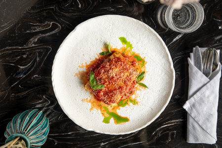 Portion of italian lasagna bolognese dishの写真素材