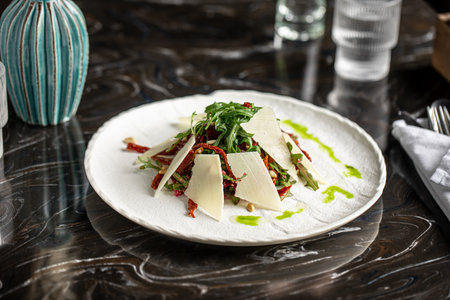 Portion of baked beet salad with cheeseの写真素材