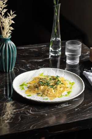 Portion of italian ravioli dumplings dishの写真素材