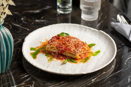 Portion of italian lasagna bolognese dishの写真素材