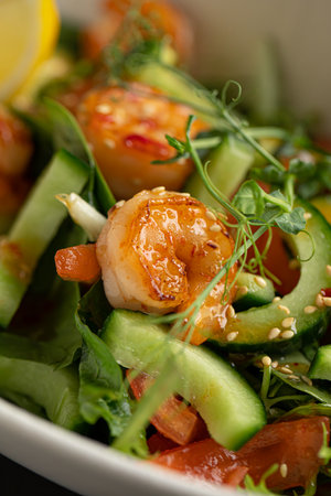 Portion of salad with fresh vegetables and shrimpの写真素材
