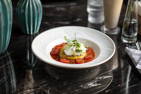 Portion of gourmet italian breakfast with mozzarellaの写真素材