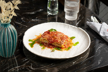 Portion of italian lasagna bolognese dishの写真素材
