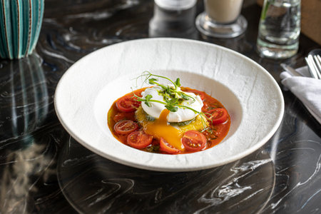 Portion of gourmet italian breakfast with mozzarellaの写真素材