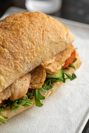 Ciabatta sandwich with chicken and saladの写真素材