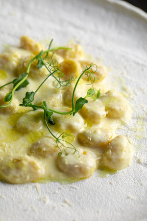 Portion of potato gnocchi with creamy sauceの写真素材