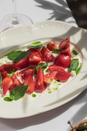 Portion of tomato appetizer with strawberriesの写真素材
