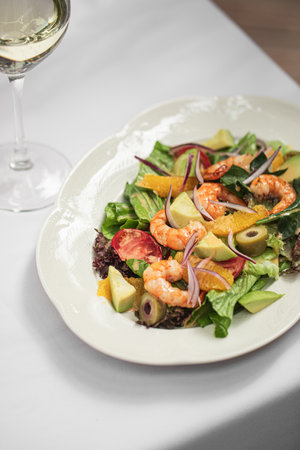 Portion of mediterranean shrimp saladの写真素材