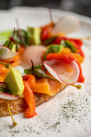 Bruschetta with salmon and vegetablesの写真素材