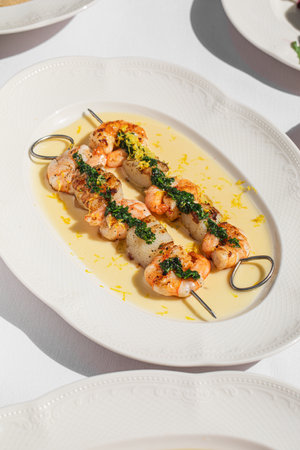 Portion of grilled shrimp skewers with sauceの写真素材