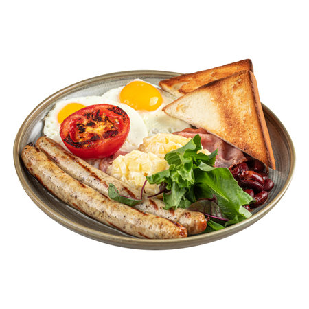 Isolated breakfast with fried eggs and sausagesの写真素材