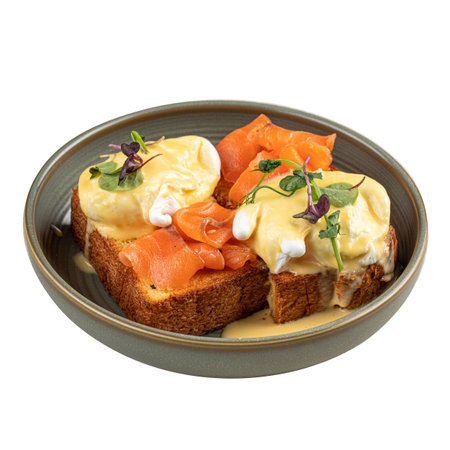 Isolated portion of brioche with eggs and salmonの写真素材