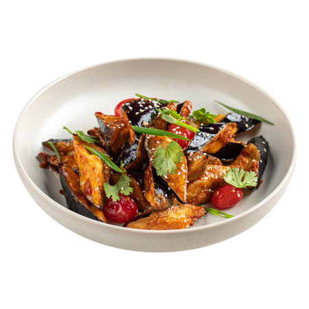 Portion of fried eggplant with cilantro greensの写真素材