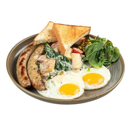 Isolated breakfast with fried eggs and sausagesの写真素材
