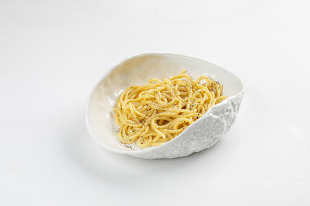 Portion of italian cacio e pepe pastaの写真素材