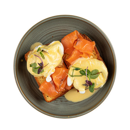 Isolated portion of brioche with eggs and salmonの写真素材
