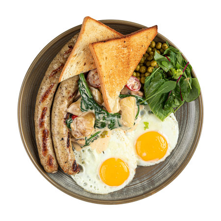 Isolated breakfast with fried eggs and sausagesの写真素材