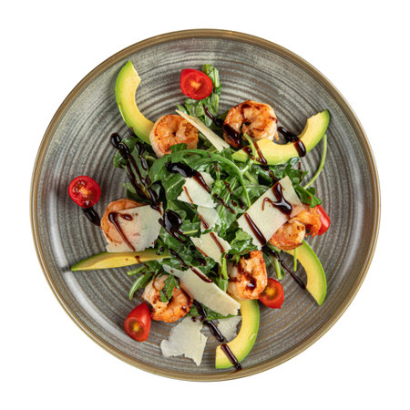 Portion of salad with vegetables and shrimpの写真素材