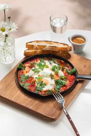 Portion of shakshuka breakfast with eggsの写真素材