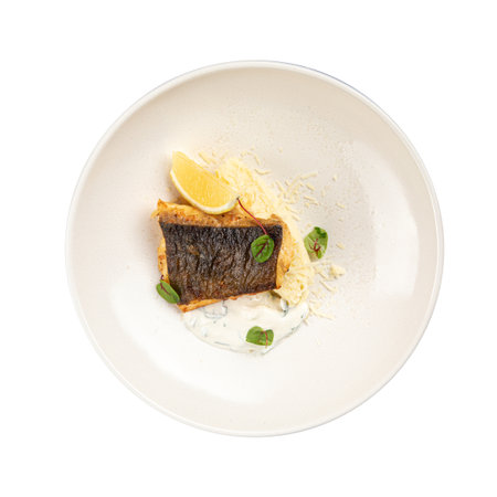 Isolated plate of grilled fish fillet with lemon