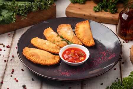 Fried empanadas served with spicy tomato dip