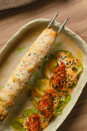 Grilled chicken skewer with spicy sauceの写真素材