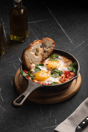 Fried eggs with tomato sauce and toast in skillet