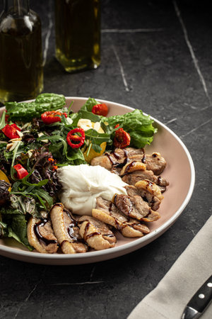 Duck salad with apricot and cheese mousseの写真素材