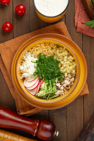 Portion of cold summer russian soup okroshkaの写真素材