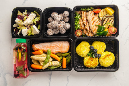 Healthy meal delivery with assorted dishesの写真素材