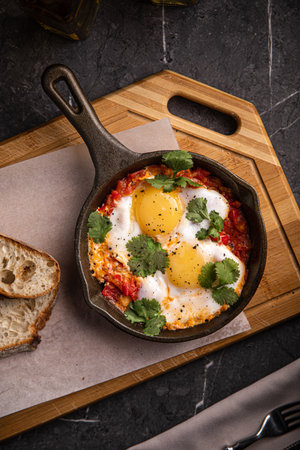 Shakshuka with poached eggs and vegetablesの写真素材