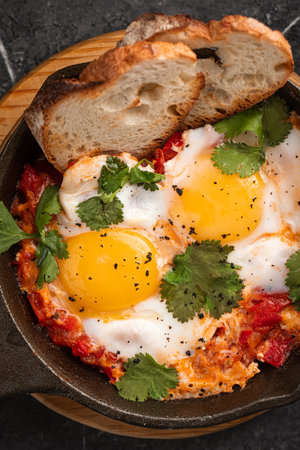 Shakshuka with poached eggs and vegetables