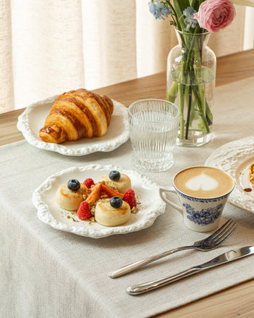 Mini cheesecakes with berries and nuts on plateの写真素材