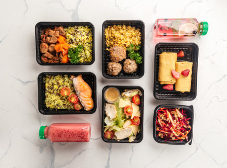 Healthy meal prep containers with drinksの写真素材