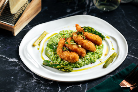 Green risotto with fried shrimp and asparagusの写真素材
